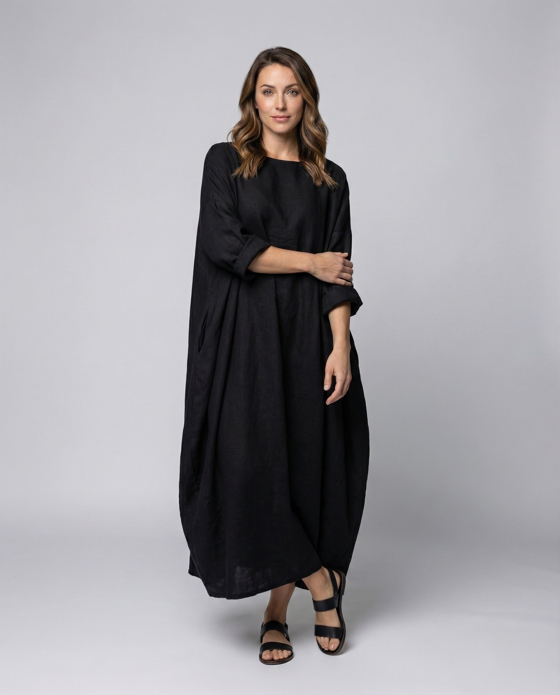 Damen Maxikleid Leinen Optik Bootausschnitt - Norvielle