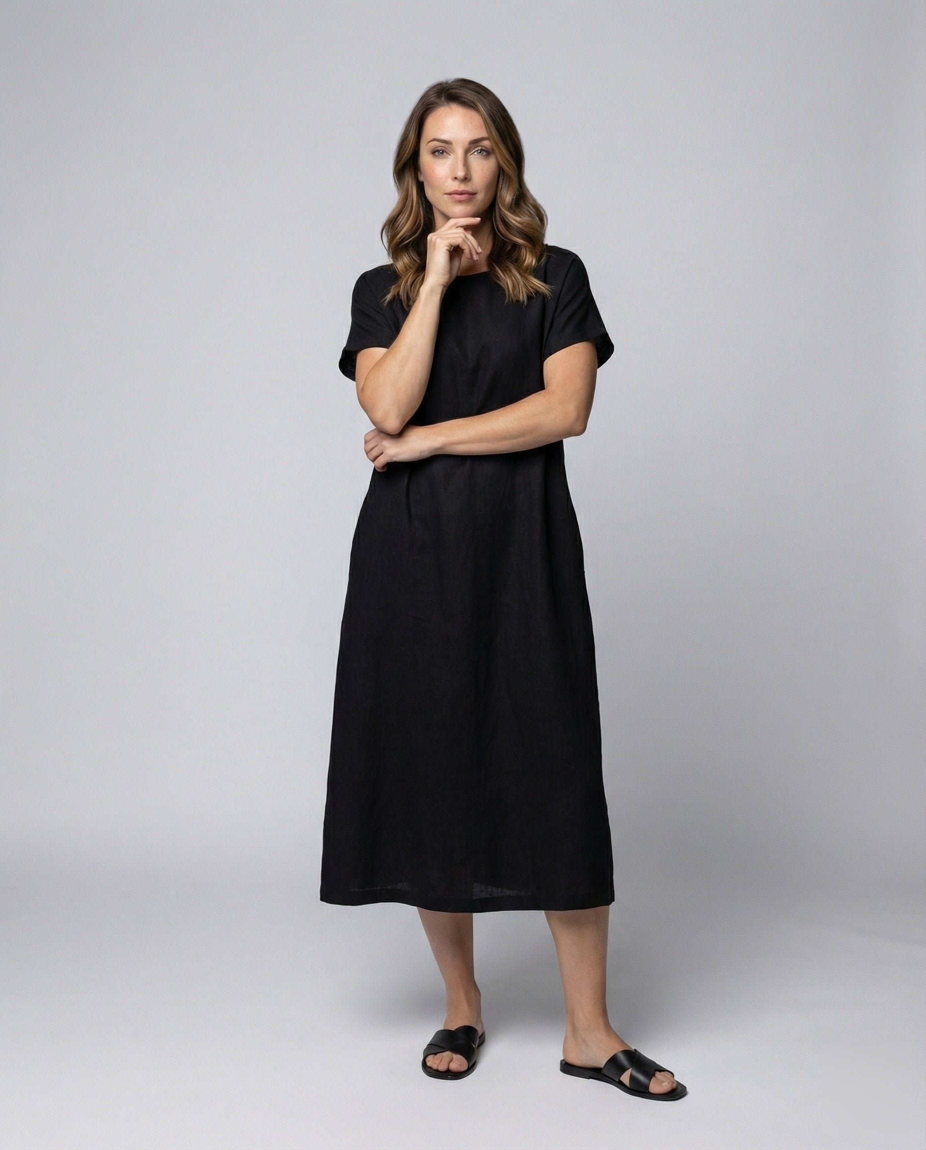 Damen Leinenmix Midikleid Schiffsausschnitt - Norvielle