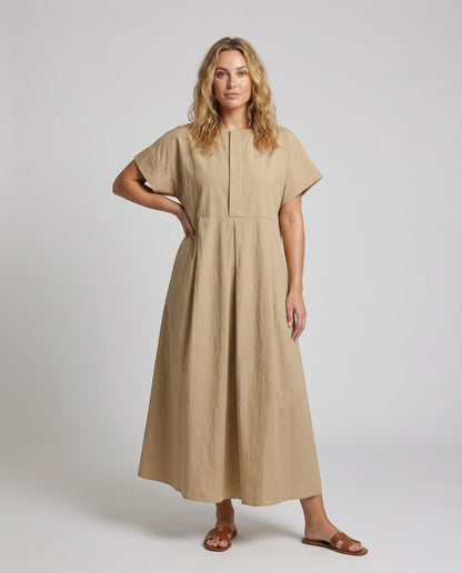 Damen Maxikleid A-Linie Leinenmix Kellerfalten - Norvielle