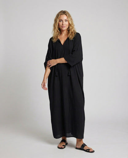 Damen Maxikleid Kaftan V-Ausschnitt Kordelzug - Norvielle