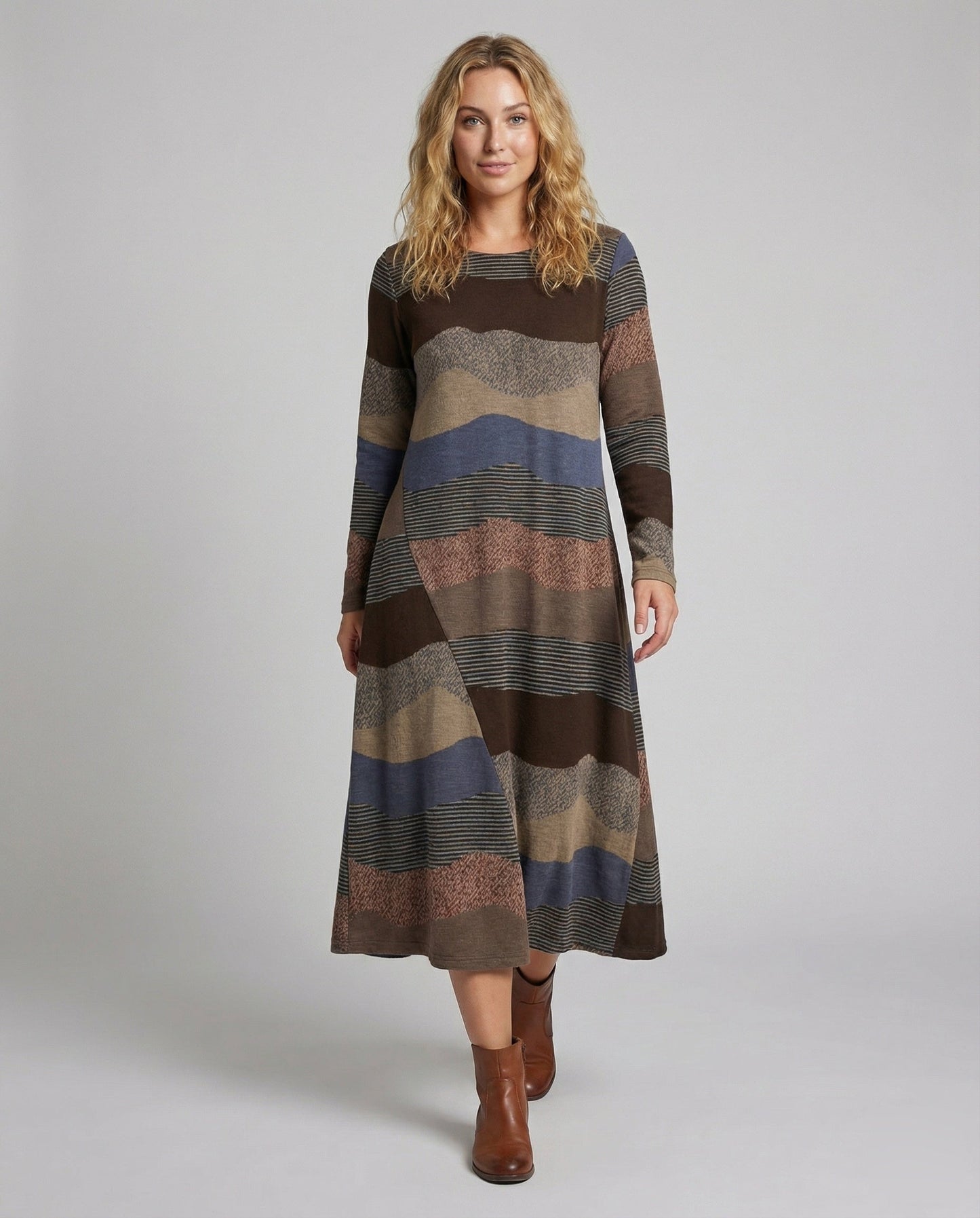 Damen Strickmaxikleid Wellenmuster Streifen Schwarz - Norvielle
