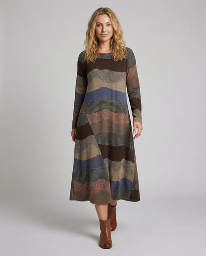 Damen Strickmaxikleid Wellenmuster Streifen Schwarz - Norvielle