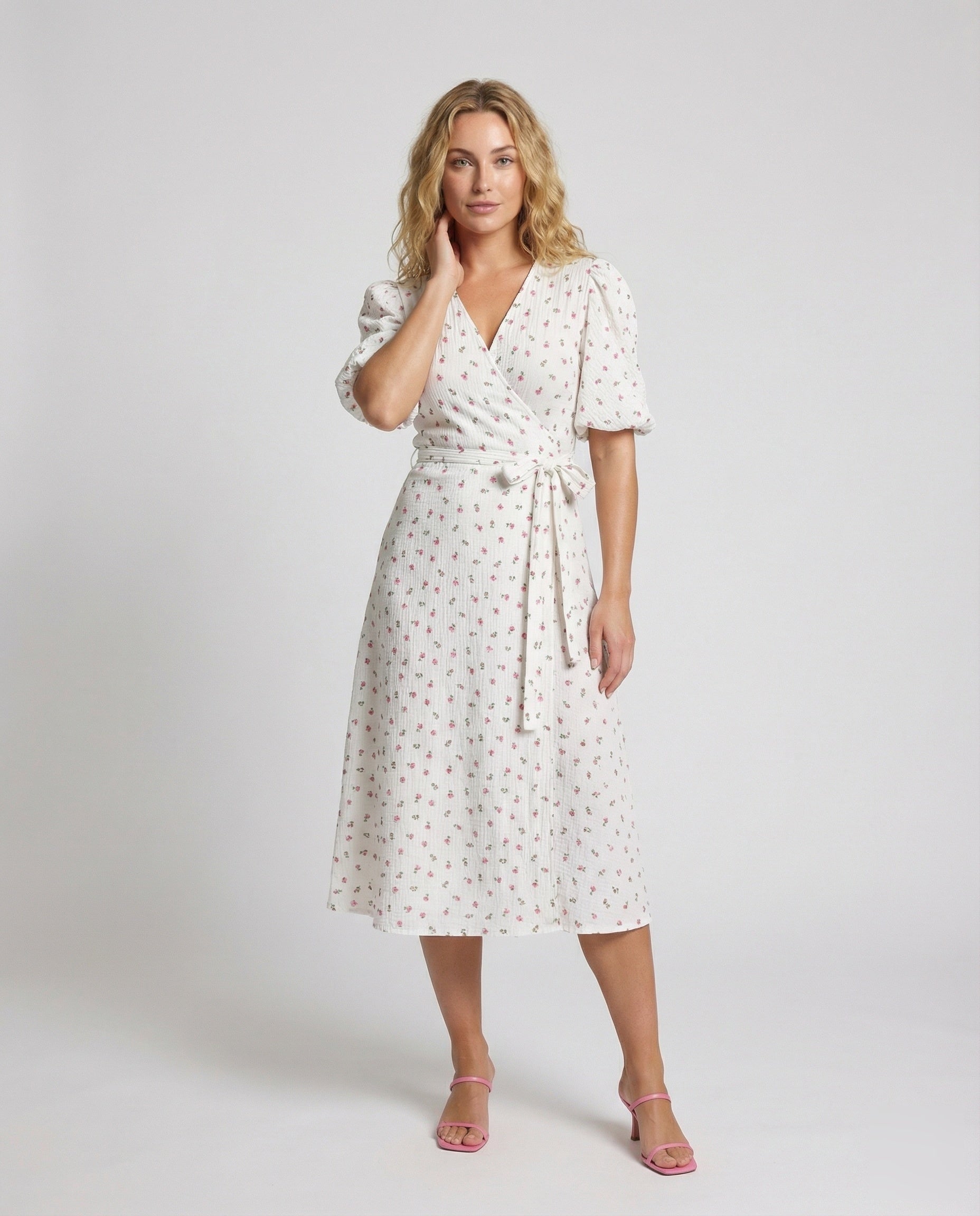Damen Midikleid Wickelkleid Baumwolle Puffärmel - Norvielle