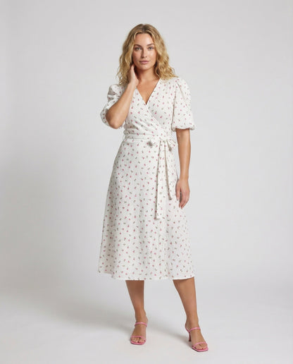 Damen Midikleid Wickelkleid Baumwolle Puffärmel - Norvielle