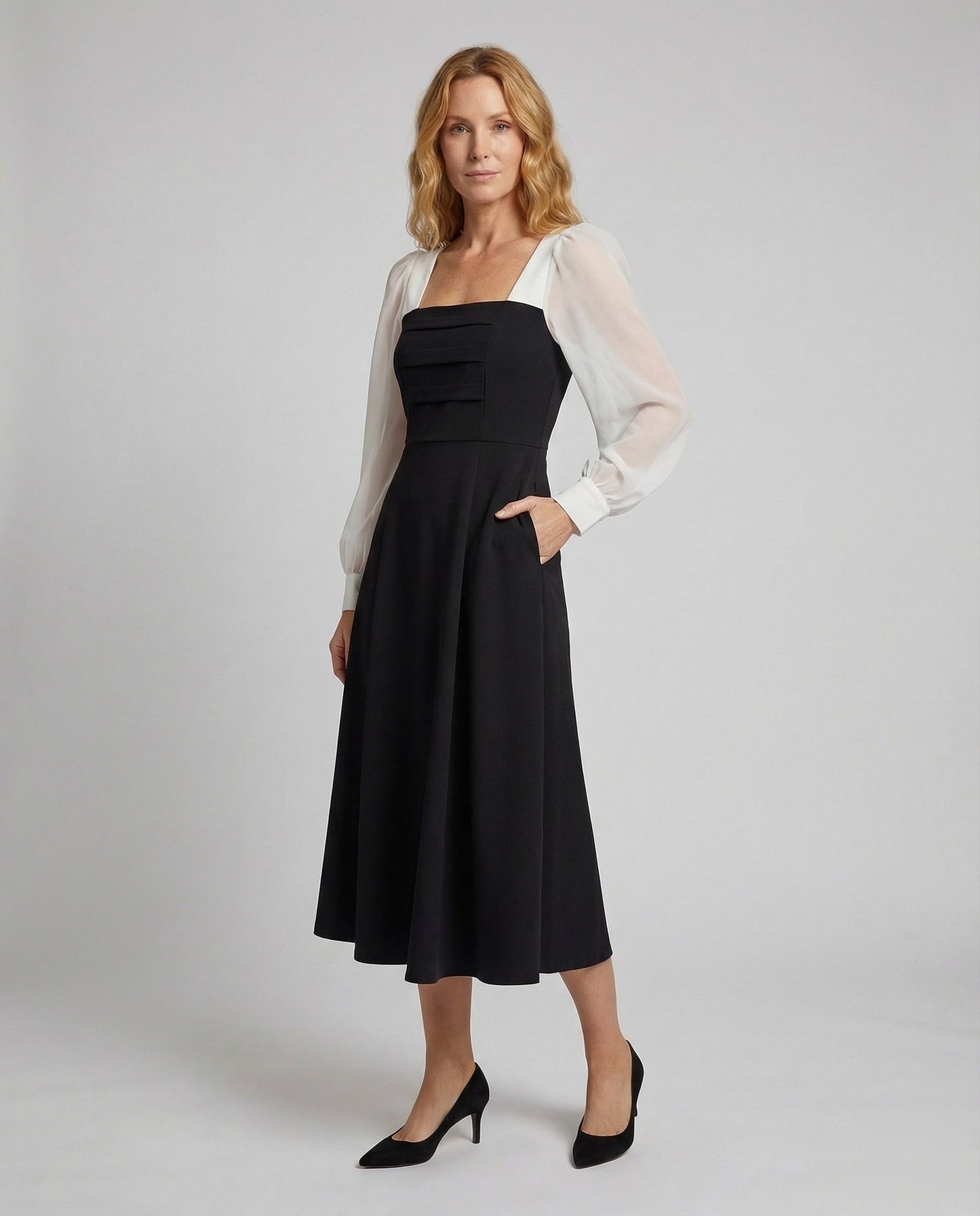 Damen A-Linien Midikleid Chiffon Puffärmel Korsage Schwarz - Norvielle