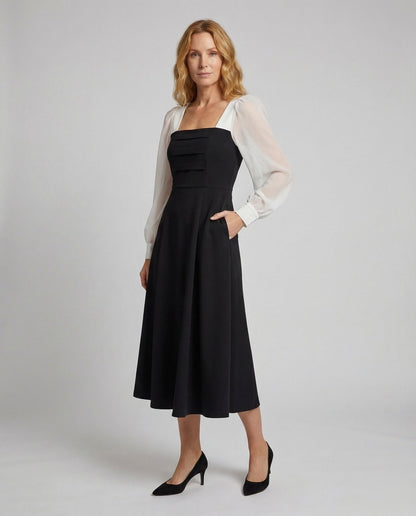 Damen A-Linien Midikleid Chiffon Puffärmel Korsage Schwarz - Norvielle