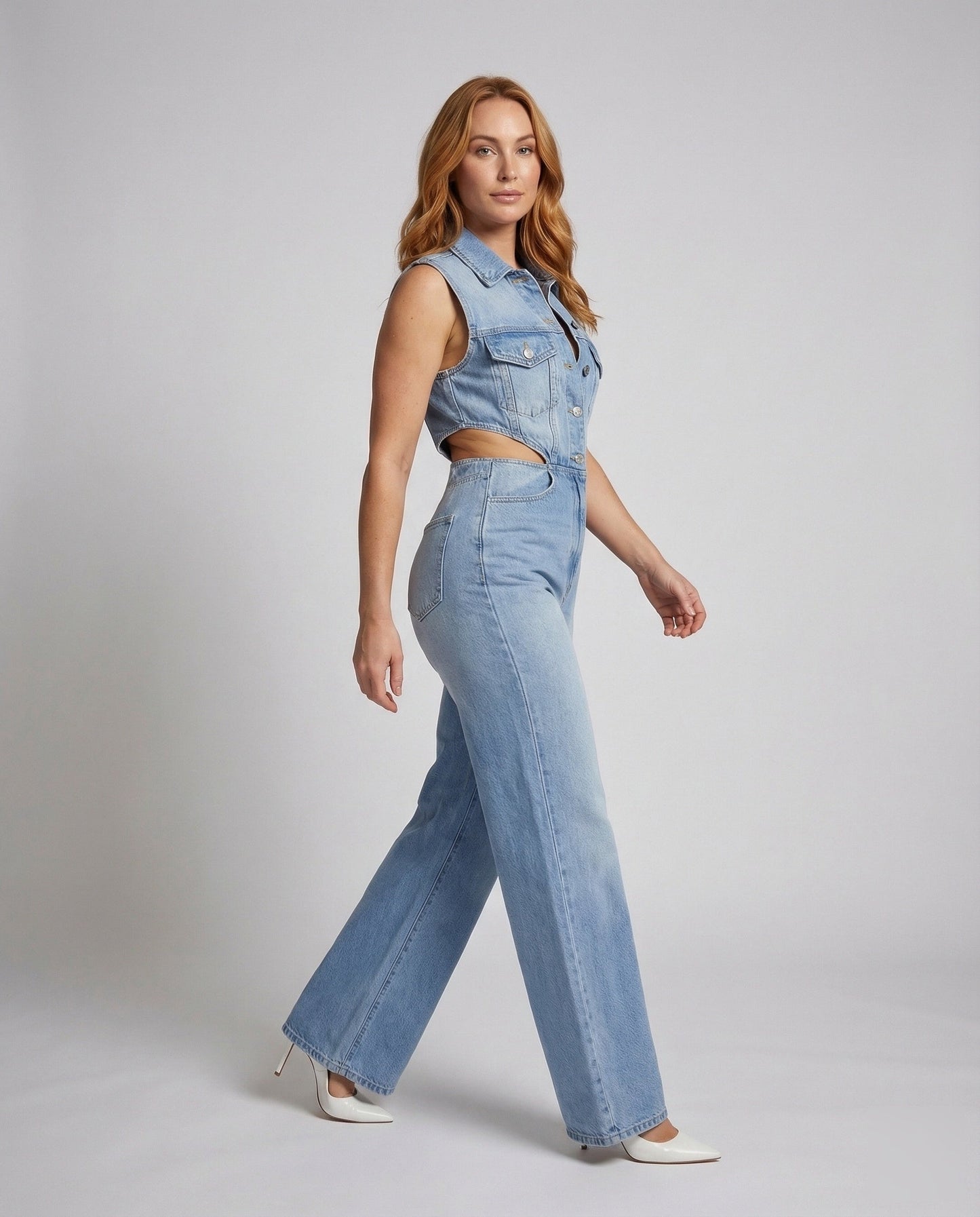 Damen Jeans-Jumpsuit mit Hemdkragen Weites Bein - Norvielle