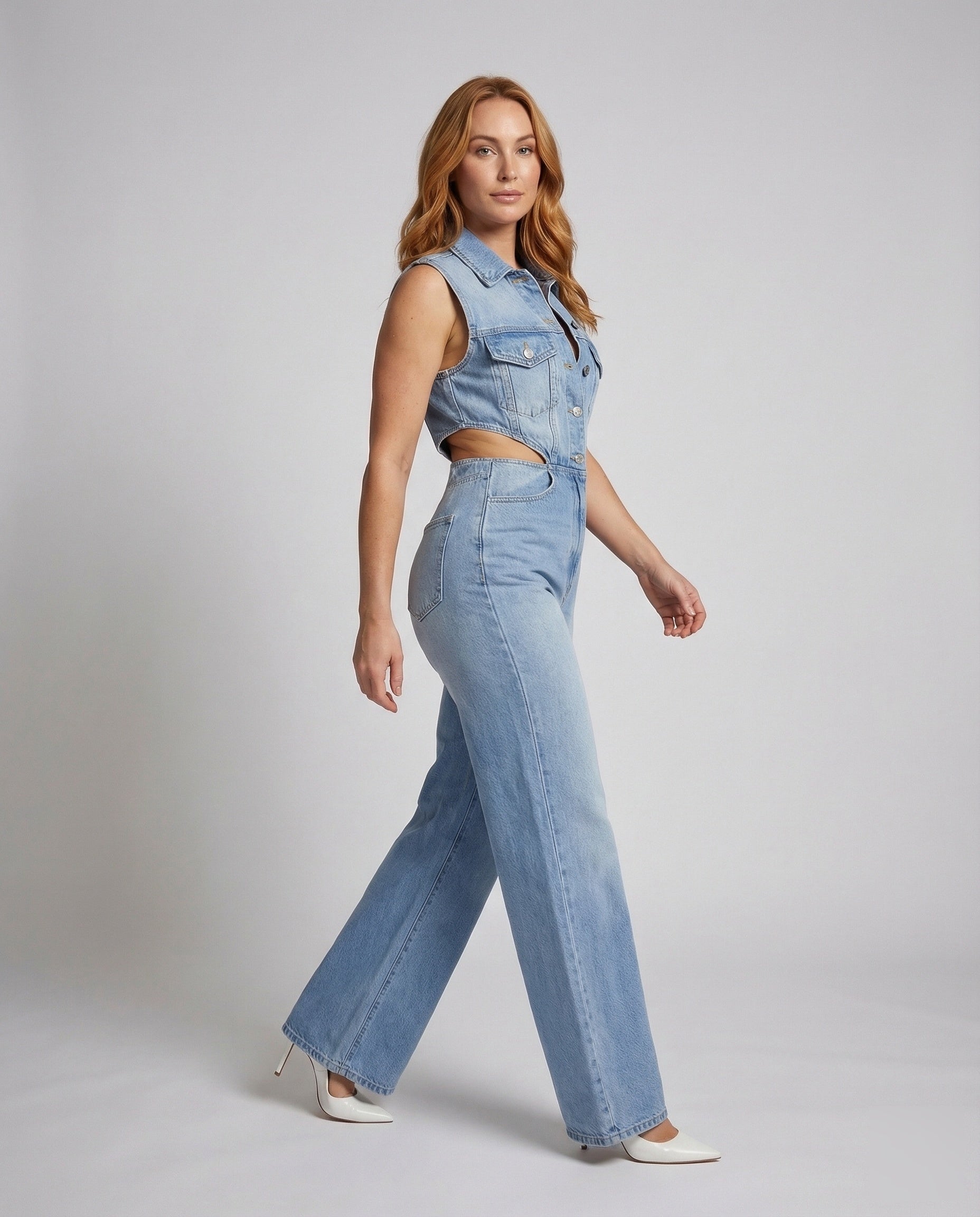 Damen Jeans-Jumpsuit mit Hemdkragen Weites Bein - Norvielle