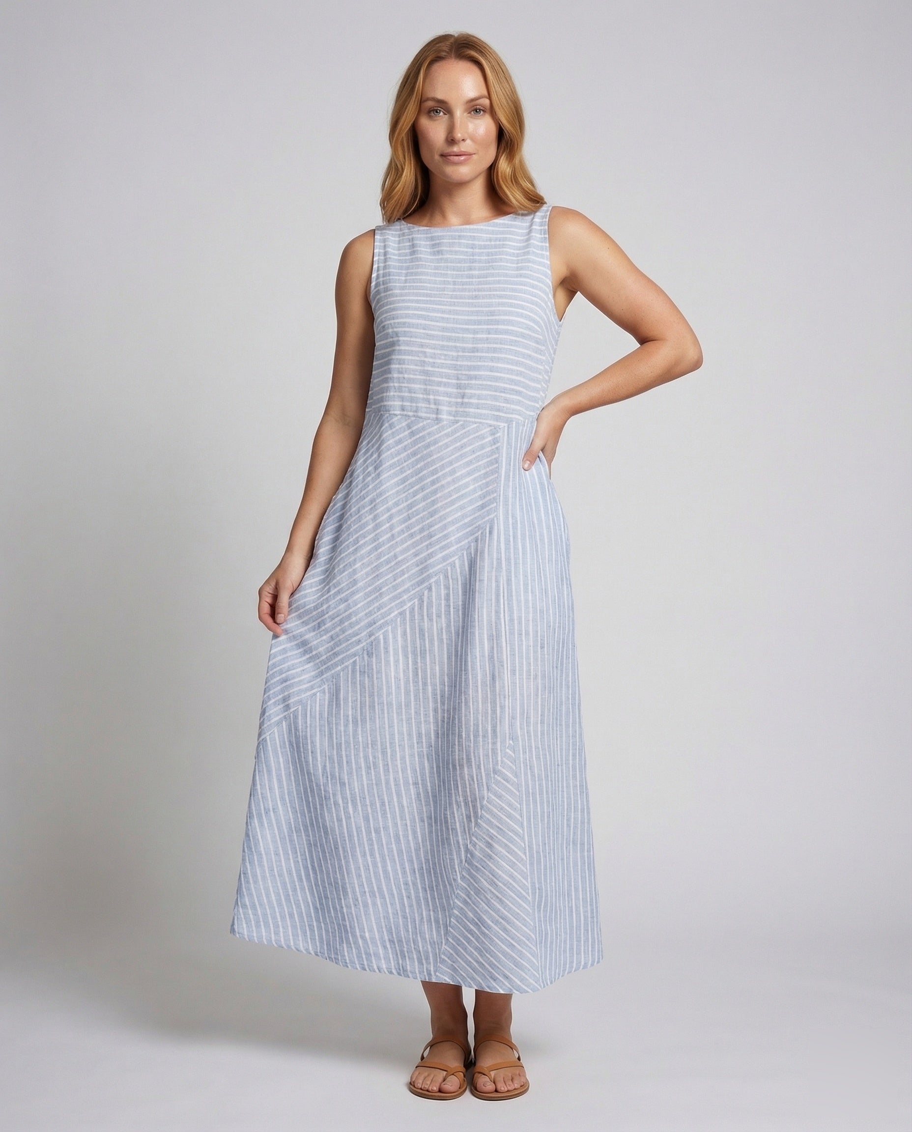Damen Midikleid Leinenoptik Feine Streifen - Norvielle