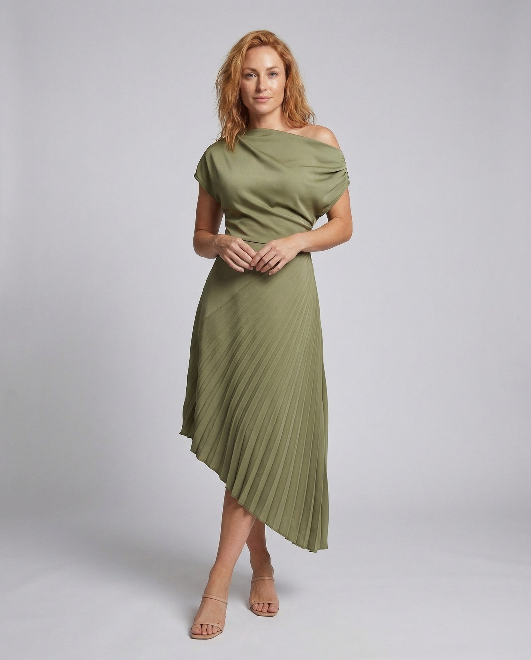Damen Midikleid Drapierte Schulter Plissierter Rock - Norvielle