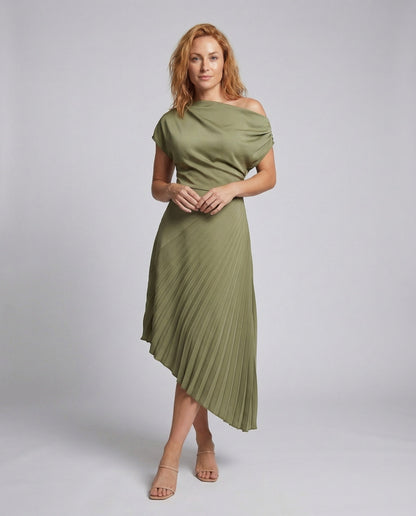 Damen Midikleid Drapierte Schulter Plissierter Rock - Norvielle