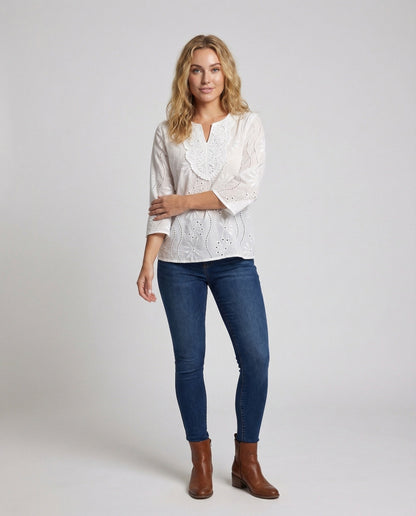 Damen Tunika Bluse mit Lochstickerei und V-Ausschnitt - Norvielle
