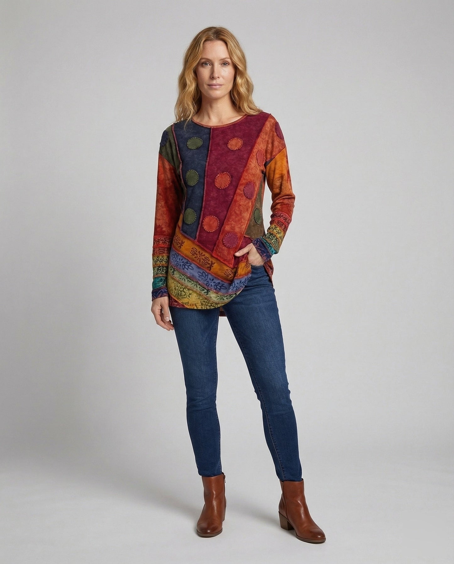 Damen Longshirt Patchwork Ziernähte Blumenmuster - Norvielle