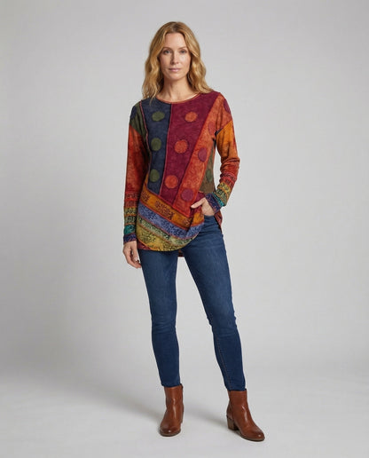 Damen Longshirt Patchwork Ziernähte Blumenmuster - Norvielle