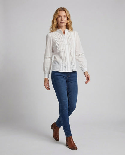 Damen Spitzenbluse Stehkragen Puffärmel Weiß - Norvielle