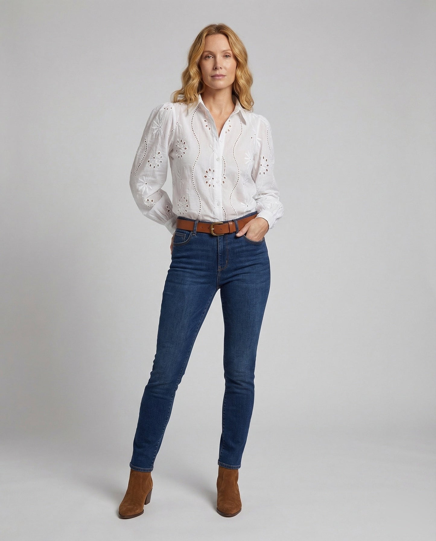 Damen Hemdbluse Ballonärmel Broderie Anglaise - Norvielle
