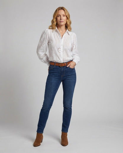 Damen Hemdbluse Ballonärmel Broderie Anglaise - Norvielle