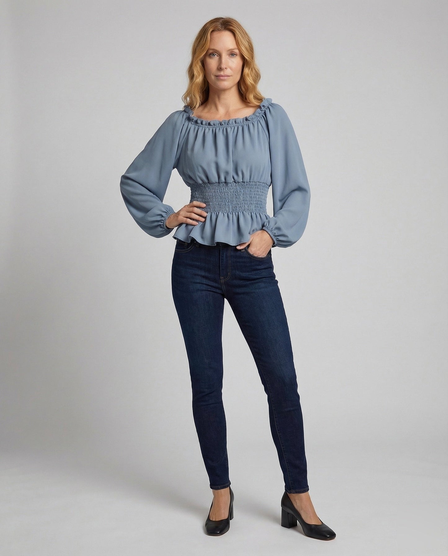 Damen Bluse Chiffon Ballonärmel Volant Saum - Norvielle