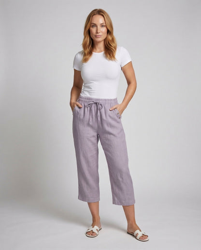 Damen Leinenhose Culotte mit Zierknöpfen Beige - Norvielle