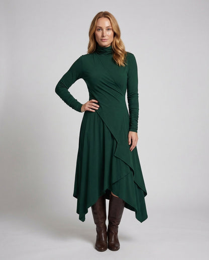 Damen Maxikleid Rollkragen Asymmetrisch Schwarz - Norvielle