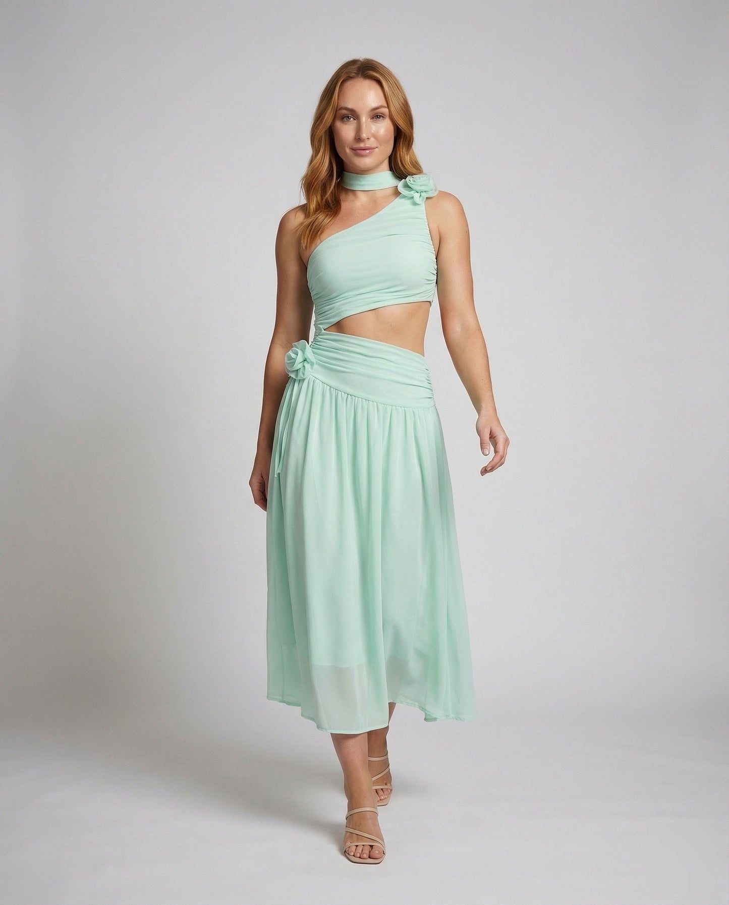 Damen Maxikleid Chiffon Einschultrig Mit Taillenöffnung - Norvielle