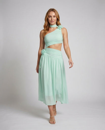 Damen Maxikleid Chiffon Einschultrig Mit Taillenöffnung - Norvielle