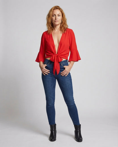 Damen Bindebluse mit Trompetenärmeln und Knotenfront - Norvielle