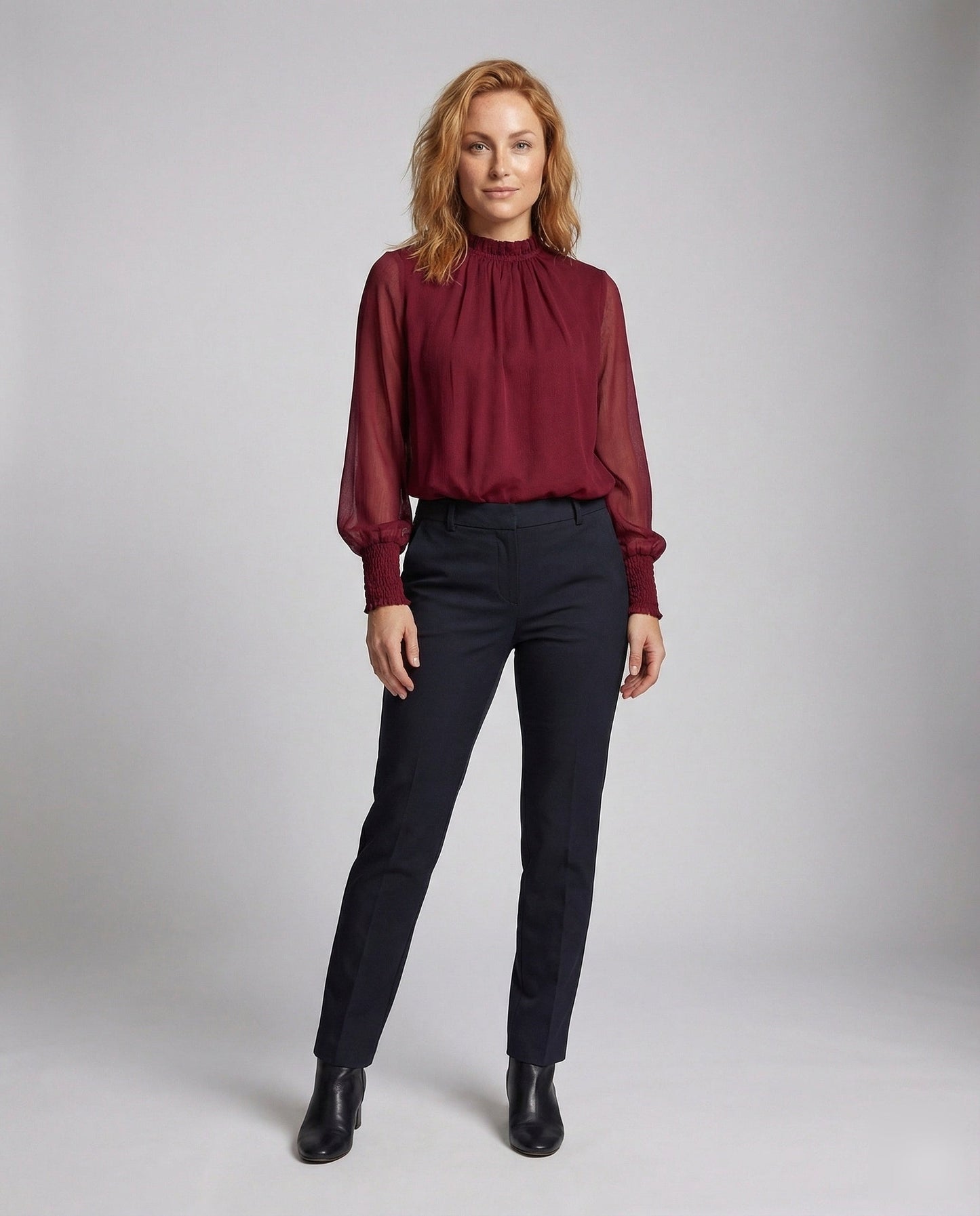 Damen Chiffon Bluse Stehkragen mit Smockmanschetten - Norvielle