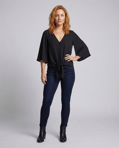 Damen Bluse Fledermausärmel V-Ausschnitt mit Knotendetail - Norvielle