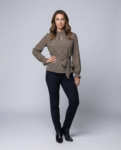 Damen Bluse Retroprint Stehkragen Rüschenmanschetten - Norvielle