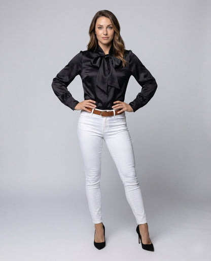 Damen Satinbluse Schleifenkragen Puffärmel - Norvielle
