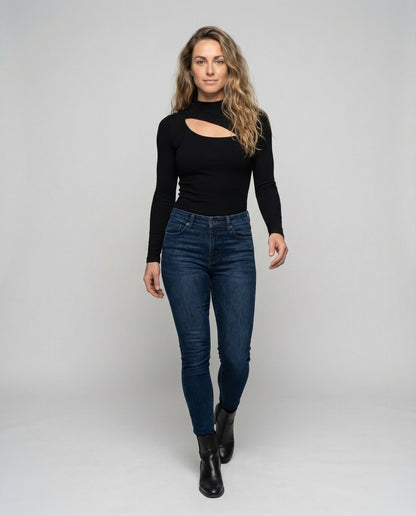 Damen Longsleeve Feinstrick Asymmetrisch Schwarz - Norvielle
