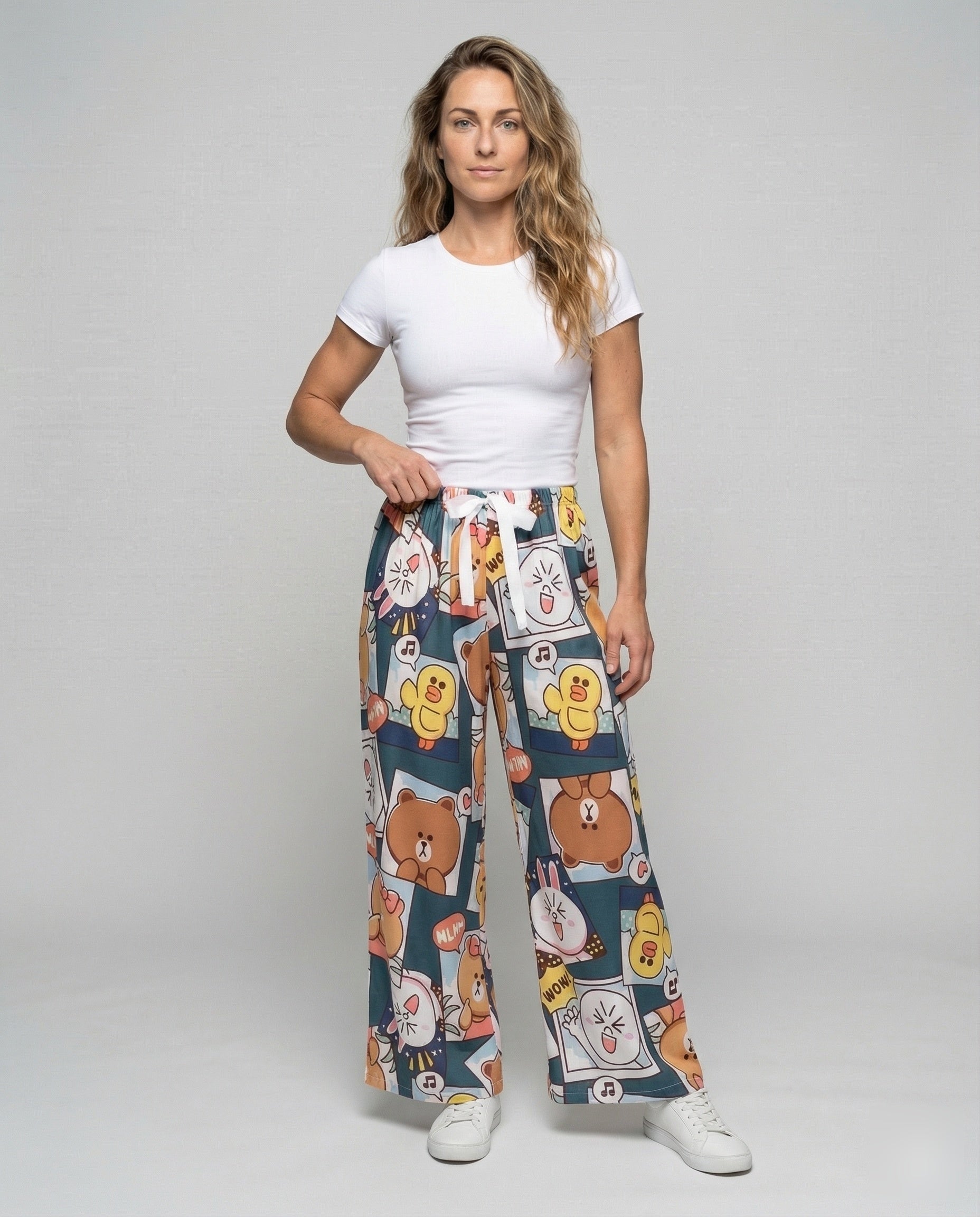 Damen Kimono-Hose Cartoon-Print Satin Schwarz - Norvielle