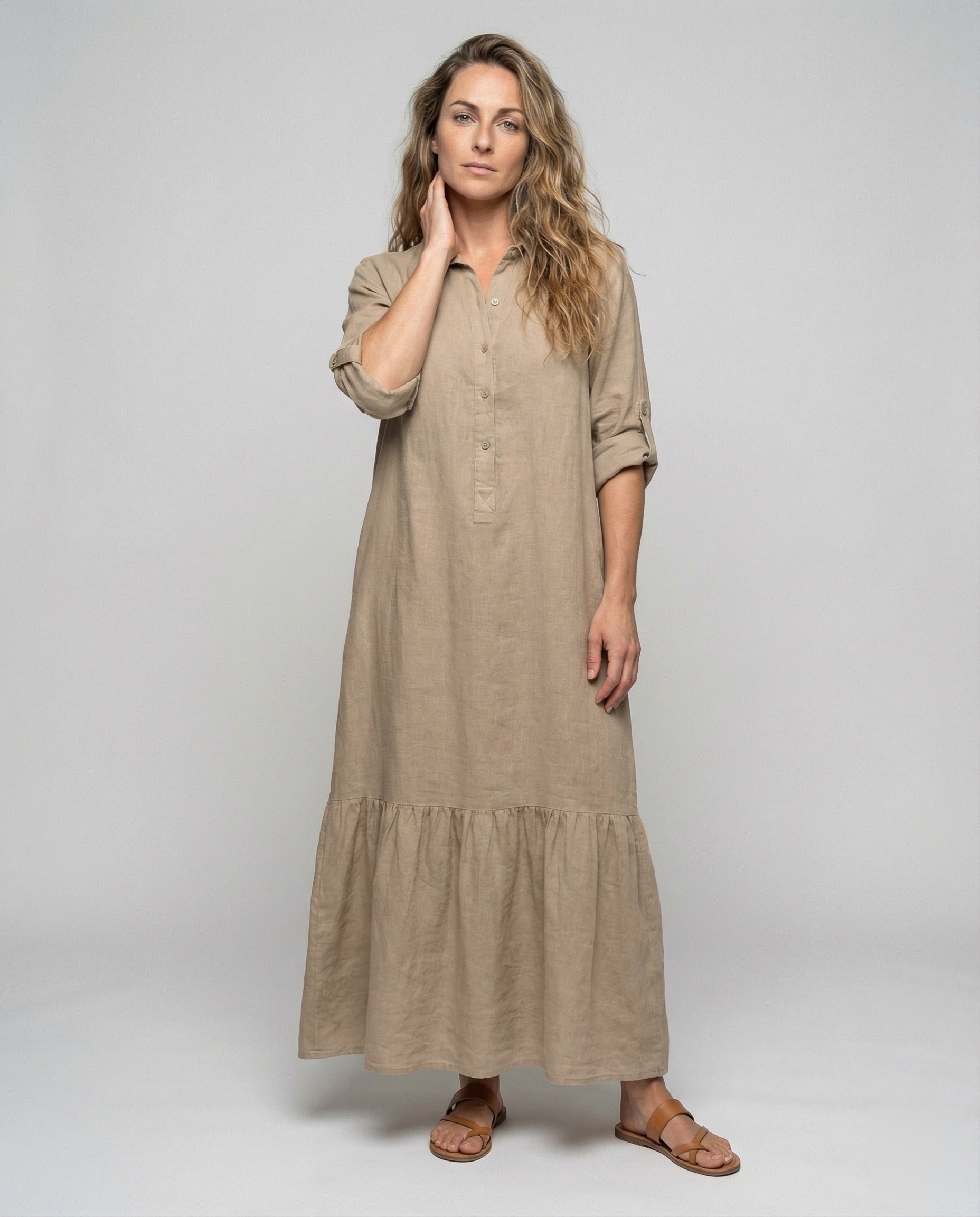 Damen Maxikleid Leinenoptik Stufenvolant - Norvielle