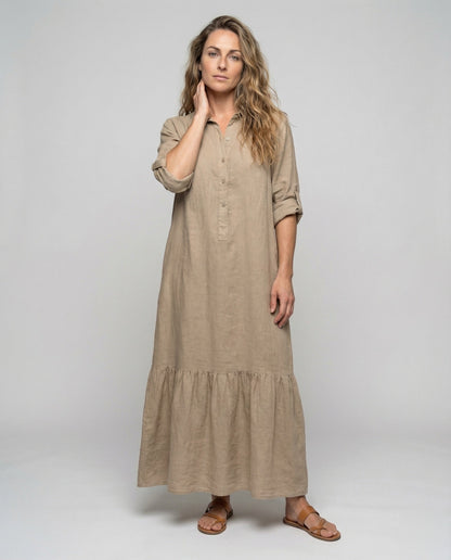 Damen Maxikleid Leinenoptik Stufenvolant - Norvielle