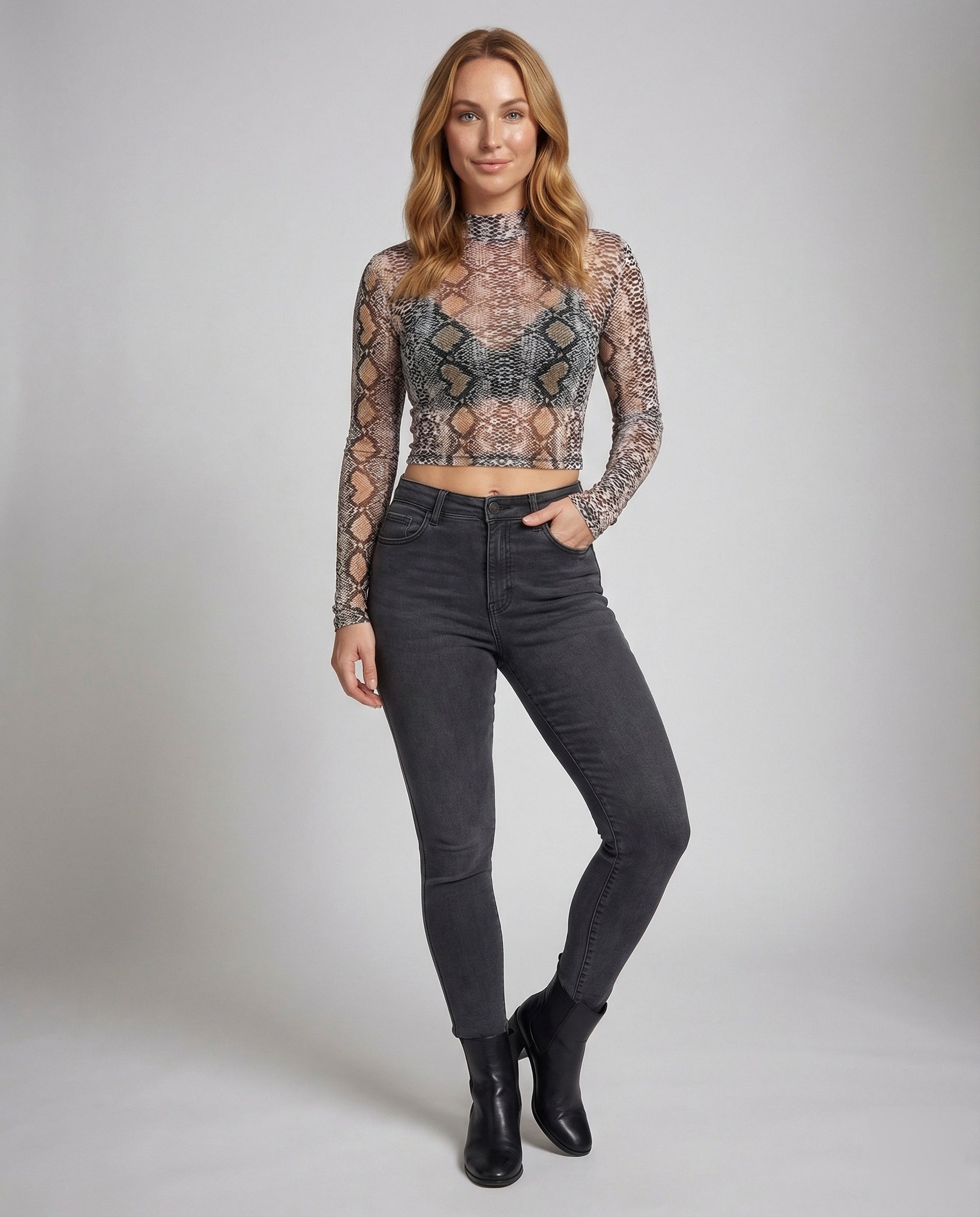 Damen Mesh Crop- Schlangenprint Rollkragen - Norvielle