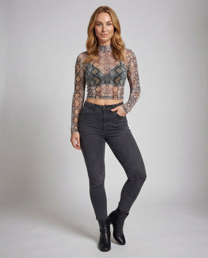 Damen Mesh Crop- Schlangenprint Rollkragen - Norvielle