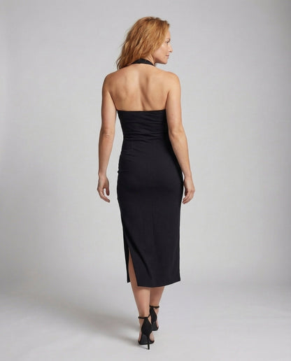 Damen Midikleid Neckholder Eckiger Ausschnitt Beinschlitz