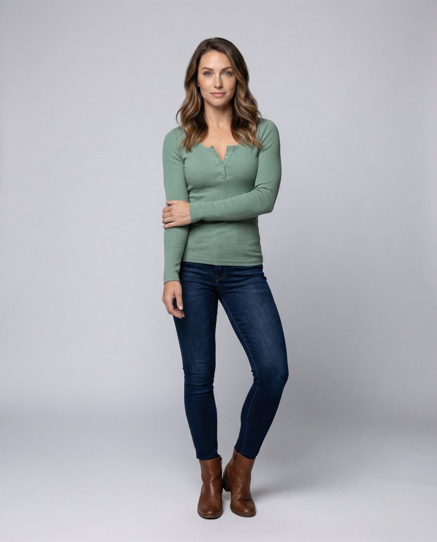 Damen Langarmshirt Rippstrick Henley-Style mit Druckknöpfen - Norvielle