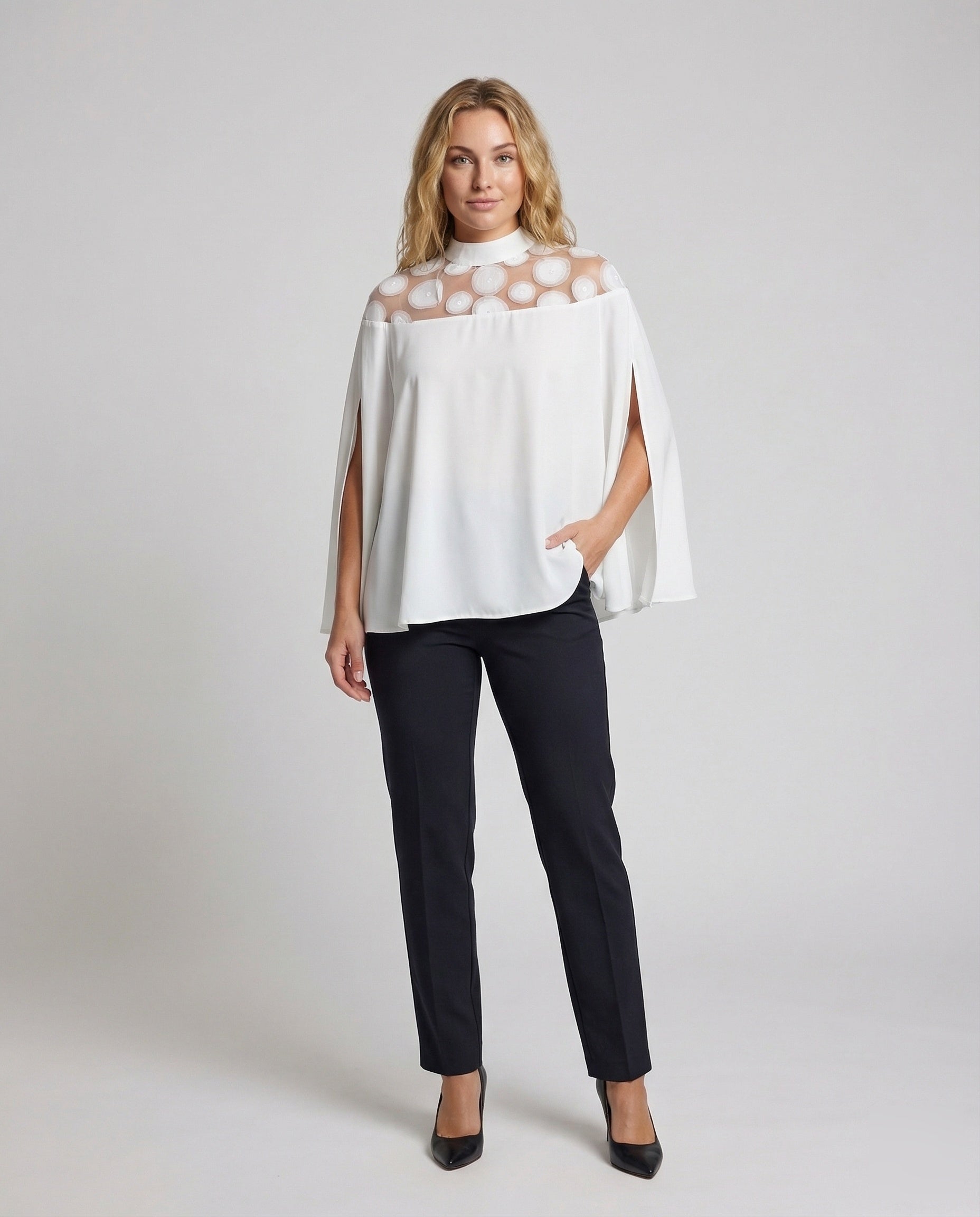 Damen Chiffon Bluse mit Tülleinsatz und Kreisapplikationen - Norvielle