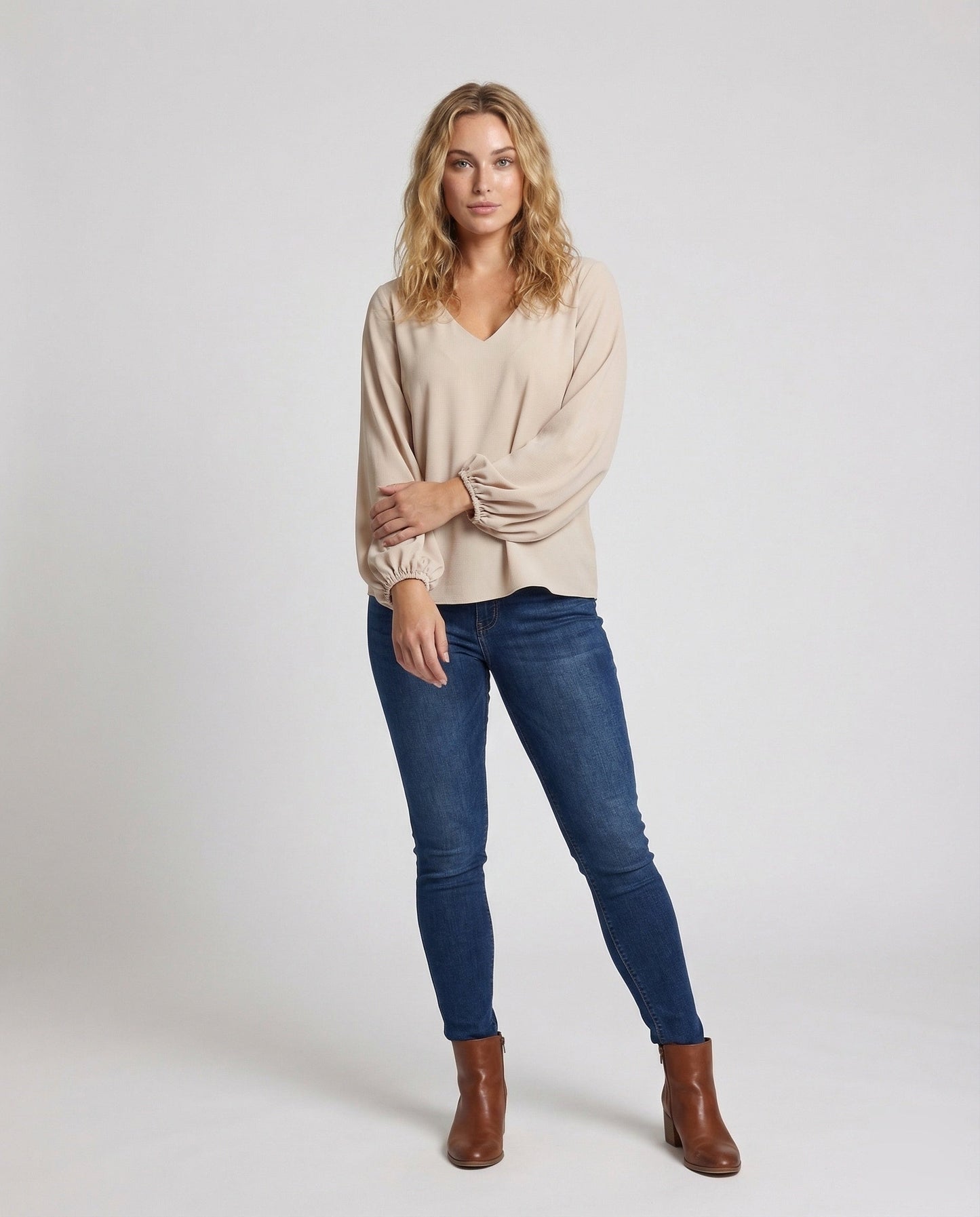 Damen Tunika Bluse V-Ausschnitt Bischofärmel - Norvielle