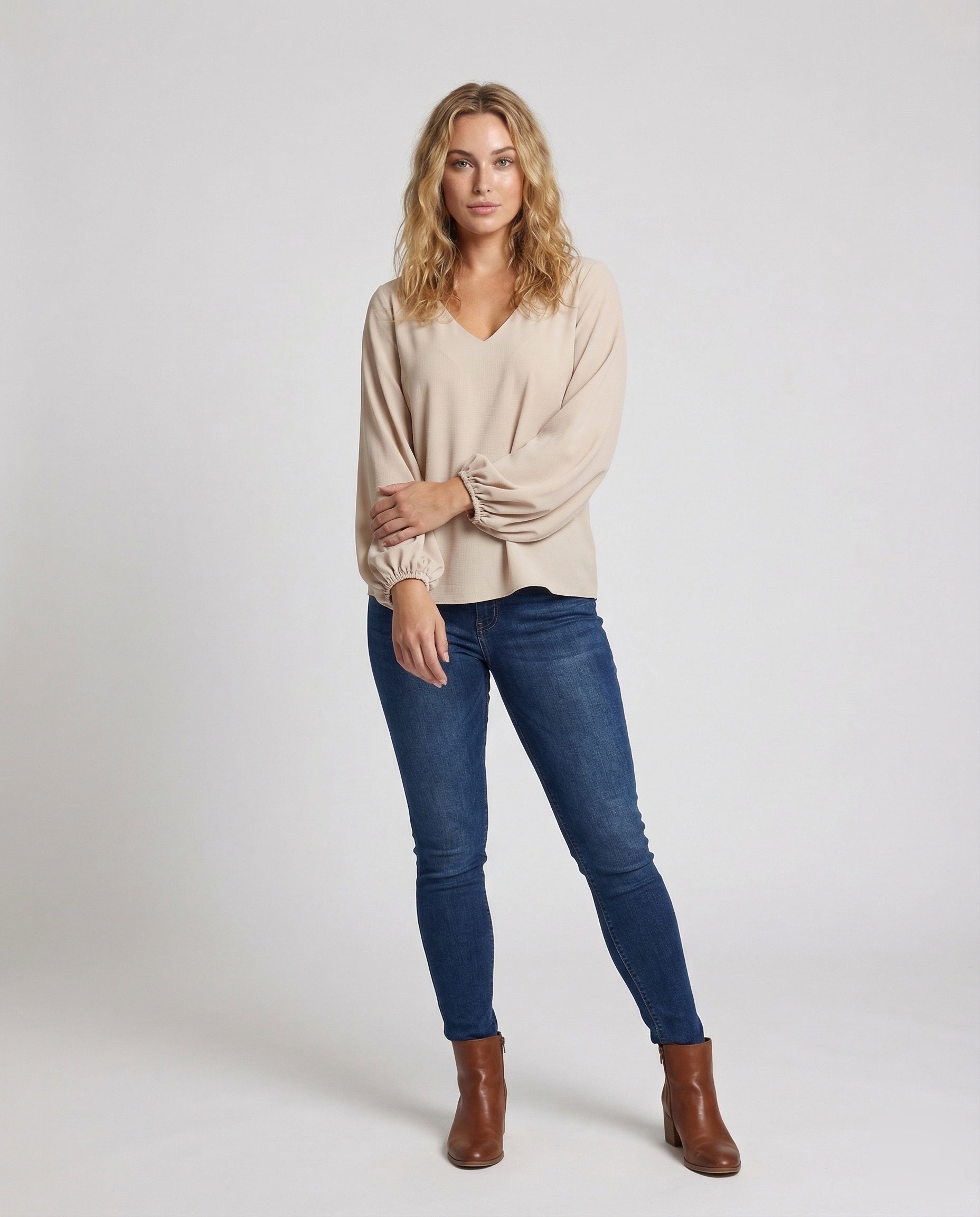 Damen Tunika Bluse V-Ausschnitt Bischofärmel - Norvielle