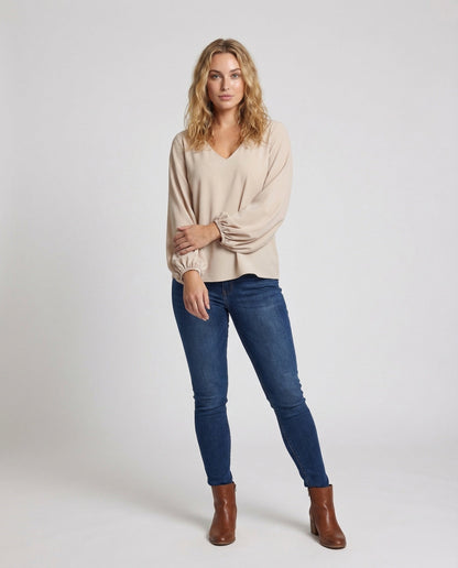 Damen Tunika Bluse V-Ausschnitt Bischofärmel - Norvielle