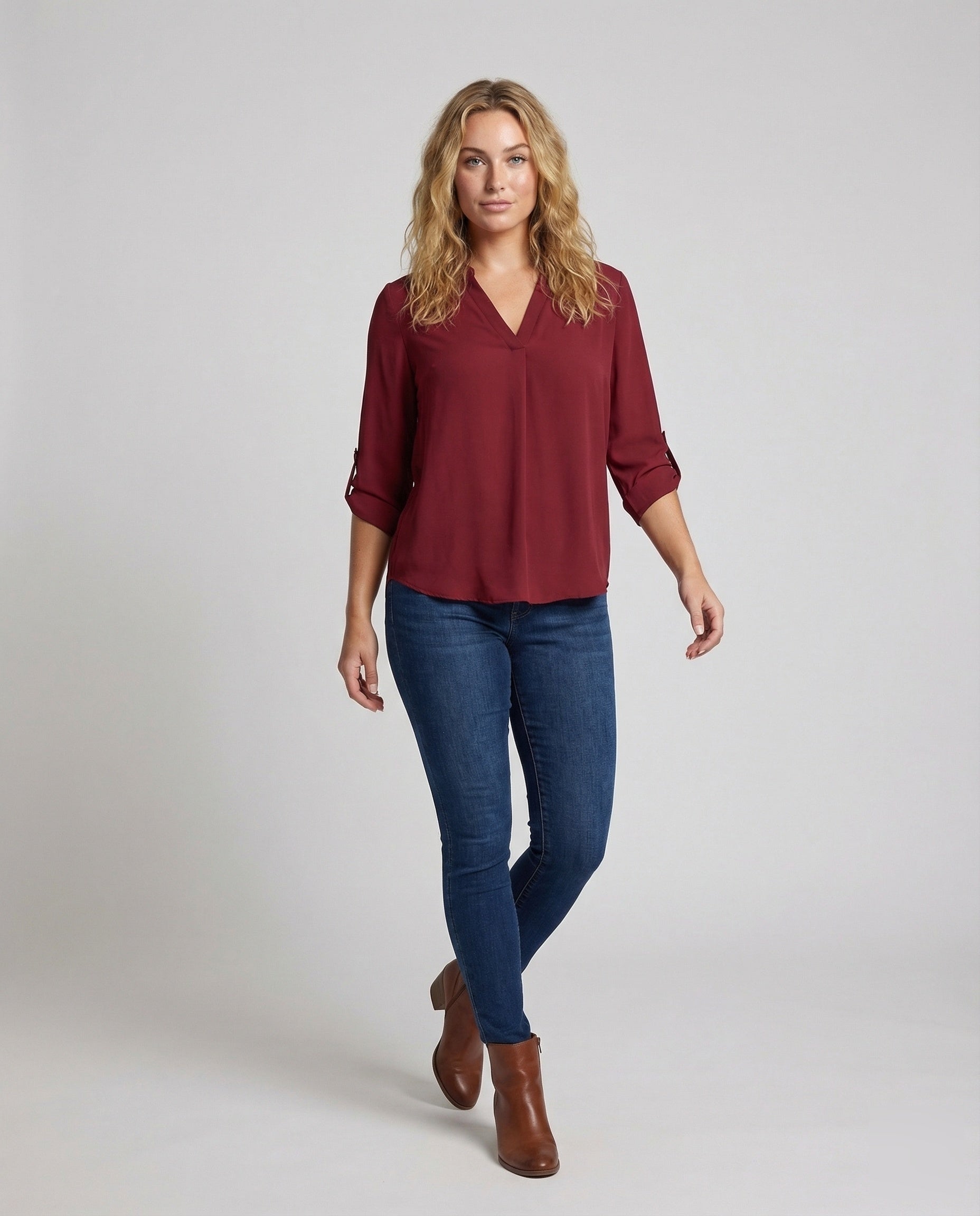 Damen Bluse A-Linie Crêpe Krempelbare Ärmel - Norvielle