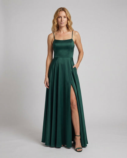 Damen Abendkleid Satin Spaghettiträger Beinschlitz - Norvielle