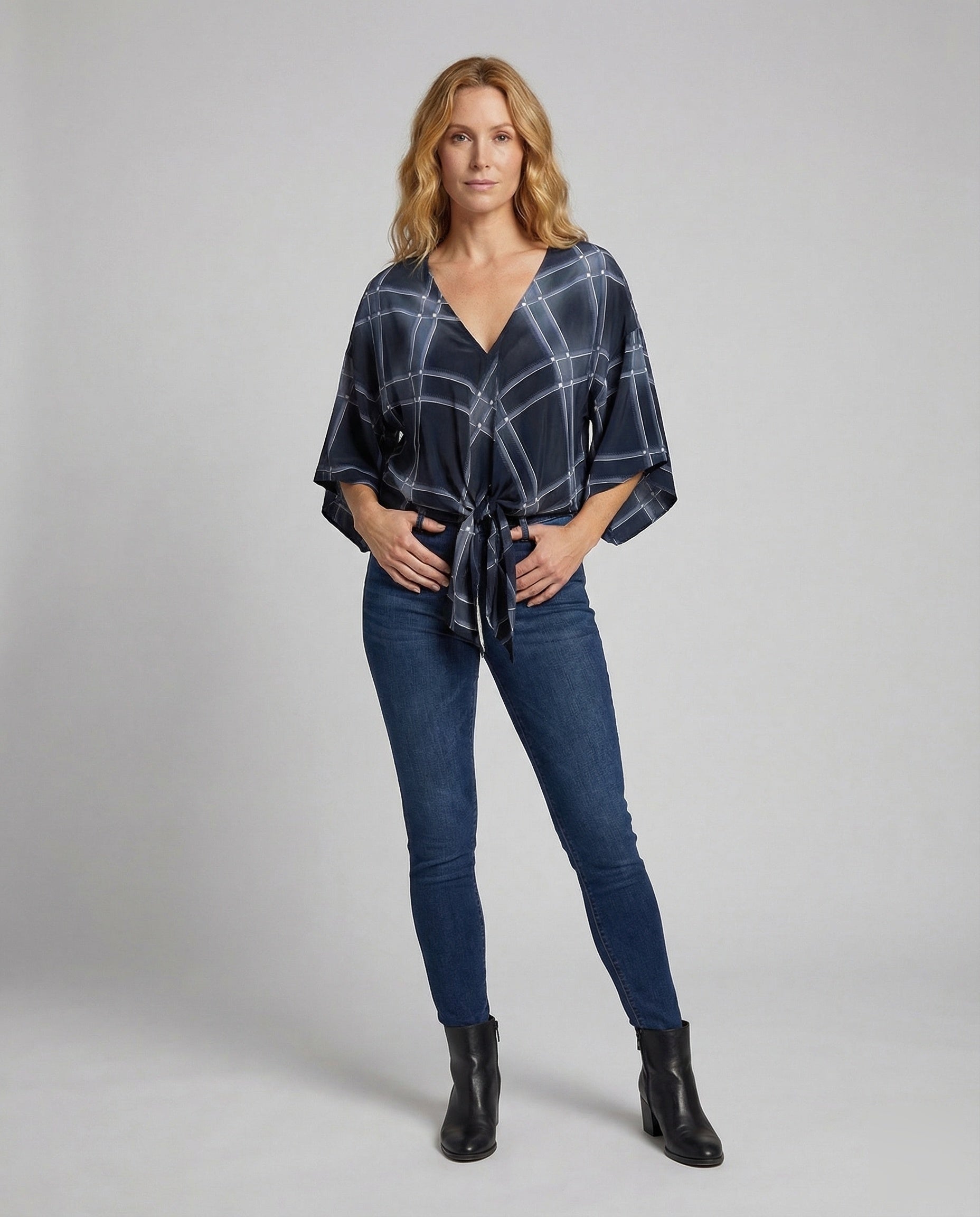 Damen Bluse V-Ausschnitt Kimonoärmel Knotenfront - Norvielle