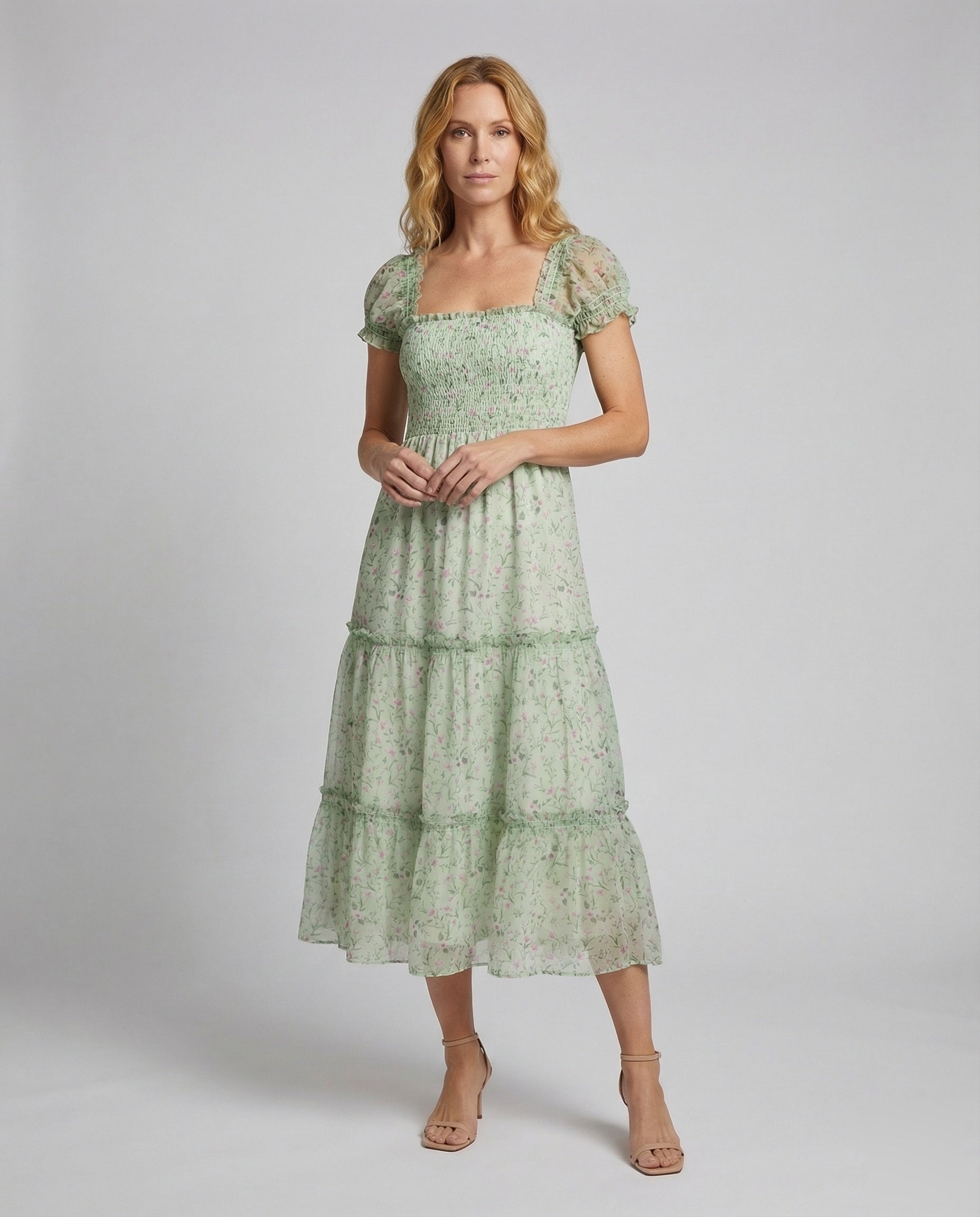 Damen Stufenmidikleid mit Smokoberteil und Chiffonrock - Norvielle
