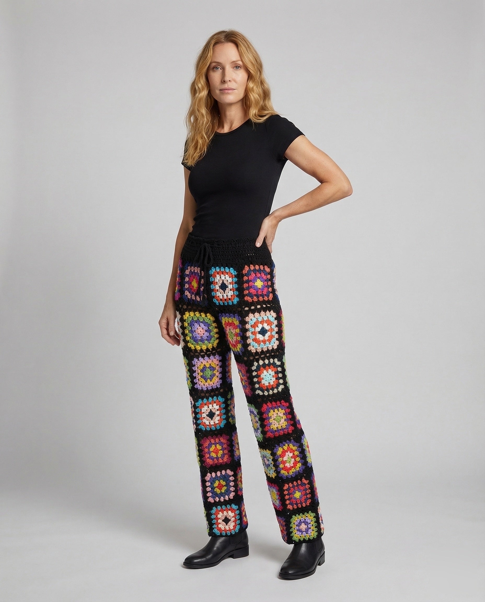 Damen Patchworkhose Häkelmotive Weites Bein - Norvielle