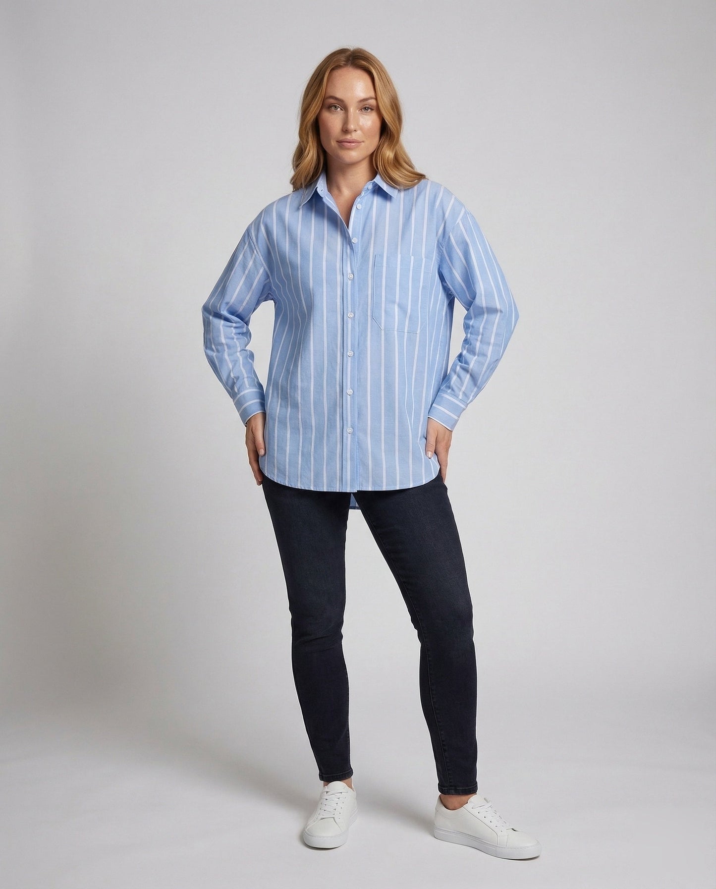 Damen Langschnitt-Hemdjacke Streifen Baumwolle Blau - Norvielle
