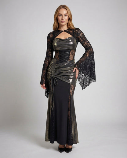 Damen Gothic Abendkleid Spitze Schwarz - Norvielle